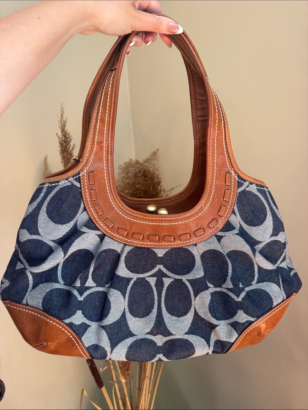 Coach Blue Denim Signature Shoulder Bag with Brown Leather Trim - Picture 2 of 5